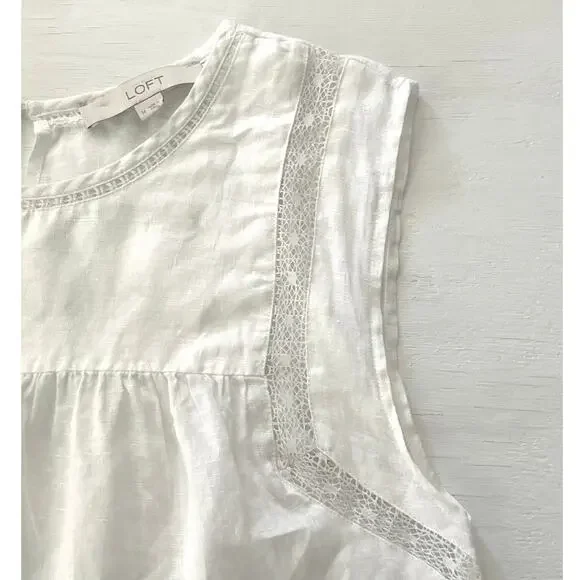 LOFT White Sleeveless Lace-Trim Cotton Blouse - Picture 3 of 11